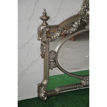 Pałacowe Rzeźbione Srebrne Lustro - Styl Rokoko - Poziome - Dekoracja