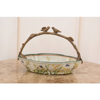 Porcelanowy Koszyk - Koszyczek - Kwiaty Ptaki Patera z Porcelany Porcelana