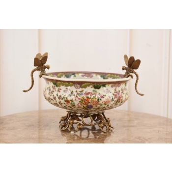Porcelanowa Patera - Waza Misa Owocnik - Kwiaty Ważki - Porcelana + Brąz