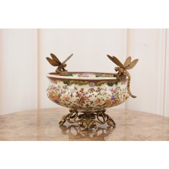 Porcelanowa Patera - Waza Misa Owocnik - Kwiaty Ważki - Porcelana + Brąz