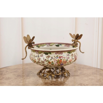 Porcelanowa Patera - Waza Misa Owocnik - Kwiaty Ważki - Porcelana + Brąz