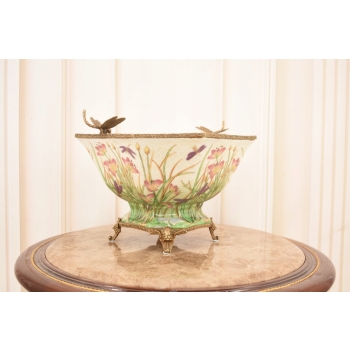 Porcelanowa Misa - Waza Koszyk Owocnik - Kwiaty Ważki - Porcelana + Brąz