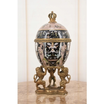Czarne Porcelanowe Jajo Wsparte Lwami - Porcelana + Brąz - Szkatuła Jajko