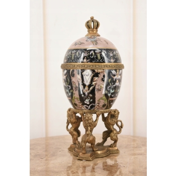 Czarne Porcelanowe Jajo Wsparte Lwami - Porcelana + Brąz - Szkatuła Jajko