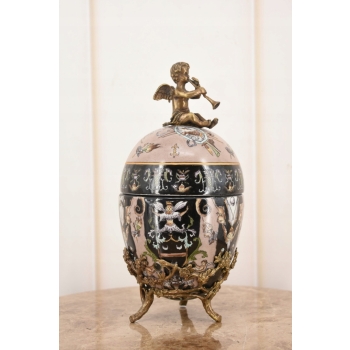 Porcelanowe Czarne Jajo - Anioł Amor - Porcelana + Brąz - Szkatuła Jajko