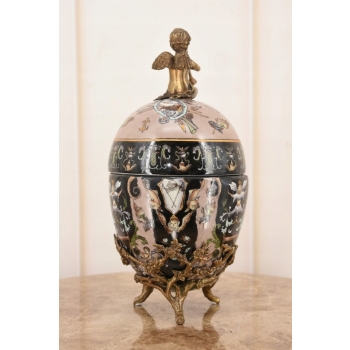 Porcelanowe Czarne Jajo - Anioł Amor - Porcelana + Brąz - Szkatuła Jajko