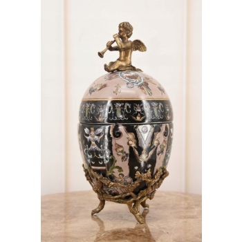 Porcelanowe Czarne Jajo - Anioł Amor - Porcelana + Brąz - Szkatuła Jajko