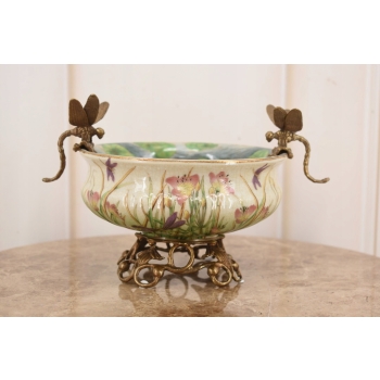 Biała Porcelanowa Patera - Waza Misa Owocnik Kwiaty Ważki Porcelana + Brąz