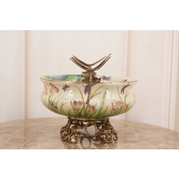 Biała Porcelanowa Patera - Waza Misa Owocnik Kwiaty Ważki Porcelana + Brąz