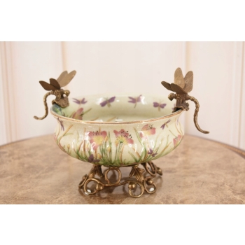 Biała Porcelanowa Patera - Waza Misa Owocnik Kwiaty Ważki Porcelana + Brąz
