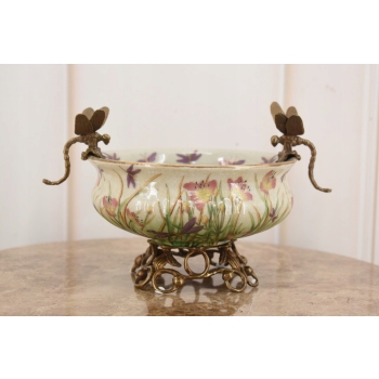 Biała Porcelanowa Patera - Waza Misa Owocnik Kwiaty Ważki Porcelana + Brąz