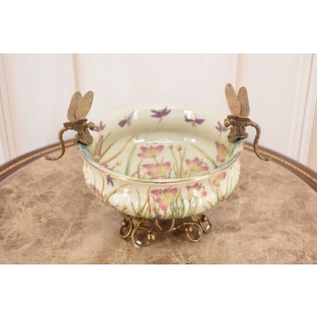Biała Porcelanowa Patera - Waza Misa Owocnik Kwiaty Ważki Porcelana + Brąz