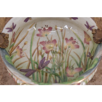 Biała Porcelanowa Patera - Waza Misa Owocnik Kwiaty Ważki Porcelana + Brąz
