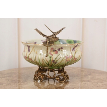 Biała Porcelanowa Patera - Waza Misa Owocnik Kwiaty Ważki Porcelana + Brąz