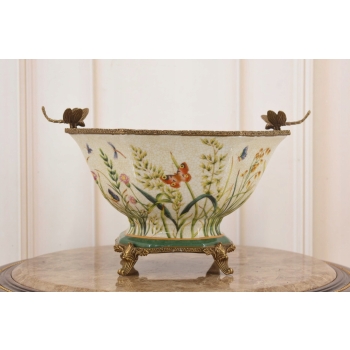 Porcelanowa Misa - Waza Koszyk Owocnik - Motyl Ważki - Porcelana + Brąz