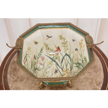 Porcelanowa Misa - Waza Koszyk Owocnik - Motyl Ważki - Porcelana + Brąz