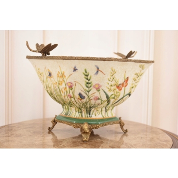 Porcelanowa Misa - Waza Koszyk Owocnik - Motyl Ważki - Porcelana + Brąz