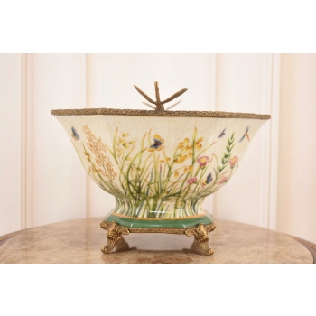 Porcelanowa Misa - Waza Koszyk Owocnik - Motyl Ważki - Porcelana + Brąz