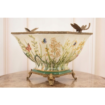 Porcelanowa Misa - Waza Koszyk Owocnik - Motyl Ważki - Porcelana + Brąz