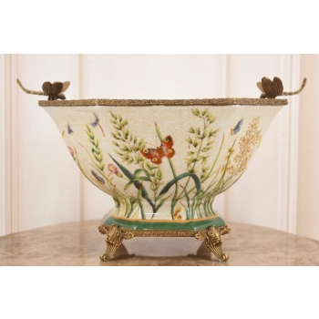 Porcelanowa Misa - Waza Koszyk Owocnik - Motyl Ważki - Porcelana + Brąz
