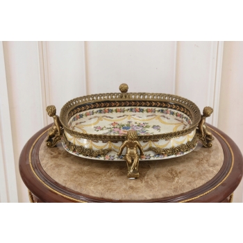 Biała Porcelanowa Patera 4 Anioły - Porcelana + Brąz Anioł Amor - Sygnowana