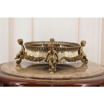 Biała Porcelanowa Patera 4 Anioły - Porcelana + Brąz Anioł Amor - Sygnowana