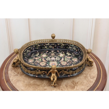 Czarna Porcelanowa Patera 4 Anioły - Porcelana + Brąz Anioł Amor - Sygn