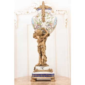 Porcelanowa Amfora - Puchar Waza - Porcelana + Brąz - Nimfy Kwiaty - Ozdoba