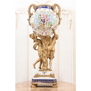 Porcelanowa Amfora - Puchar Waza - Porcelana + Brąz - Nimfy Kwiaty - Ozdoba