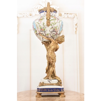 Porcelanowa Amfora - Puchar Waza - Porcelana + Brąz - Nimfy Kwiaty - Ozdoba