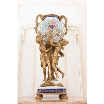 Porcelanowa Amfora - Puchar Waza - Porcelana + Brąz - Nimfy Kwiaty - Ozdoba