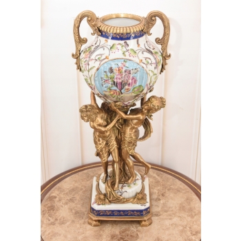 Porcelanowa Amfora - Puchar Waza - Porcelana + Brąz - Nimfy Kwiaty - Ozdoba