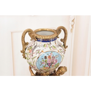 Porcelanowa Amfora - Puchar Waza - Porcelana + Brąz - Nimfy Kwiaty - Ozdoba
