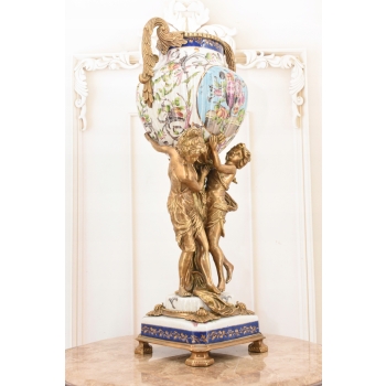 Porcelanowa Amfora - Puchar Waza - Porcelana + Brąz - Nimfy Kwiaty - Ozdoba