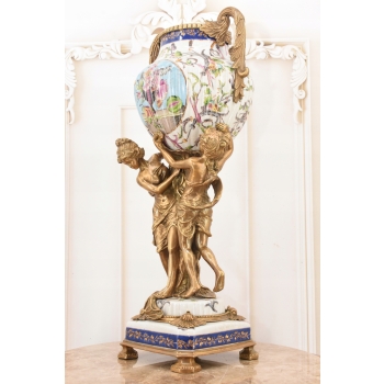 Porcelanowa Amfora - Puchar Waza - Porcelana + Brąz - Nimfy Kwiaty - Ozdoba