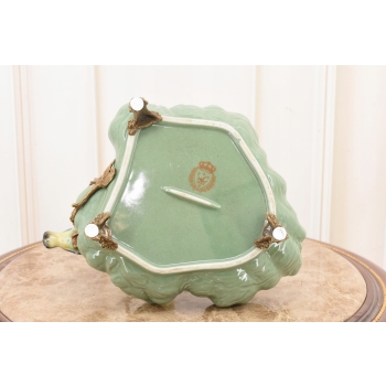 Zielona Porcelanowa Patera - Ptaki na Gałęzi - Porcelana + Brąz - Dekoracja