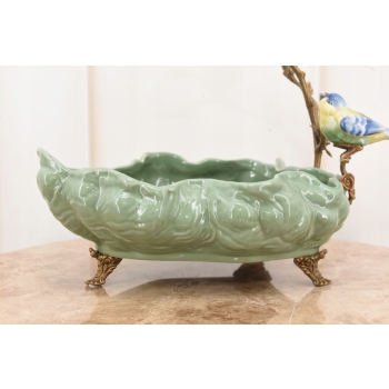 Zielona Porcelanowa Patera - Ptaki na Gałęzi - Porcelana + Brąz - Dekoracja