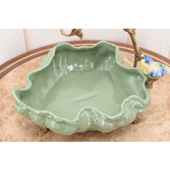 Zielona Porcelanowa Patera - Ptaki na Gałęzi - Porcelana + Brąz - Dekoracja