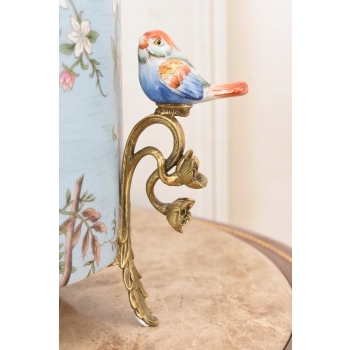 Niebieska Porcelanowa Misa - Waza Owocnik - Ptaki Kwiaty - Porcelana + Brąz