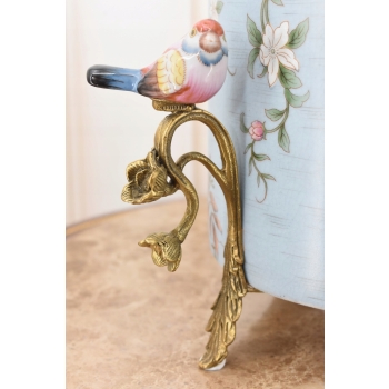 Niebieska Porcelanowa Misa - Waza Owocnik - Ptaki Kwiaty - Porcelana + Brąz