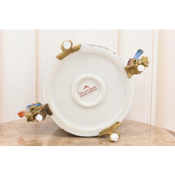 Niebieska Porcelanowa Misa - Waza Owocnik - Ptaki Kwiaty - Porcelana + Brąz