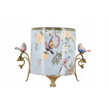 Niebieska Porcelanowa Misa - Waza Owocnik - Ptaki Kwiaty - Porcelana + Brąz