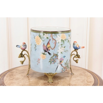 Niebieska Porcelanowa Misa - Waza Owocnik - Ptaki Kwiaty - Porcelana + Brąz