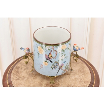 Niebieska Porcelanowa Misa - Waza Owocnik - Ptaki Kwiaty - Porcelana + Brąz
