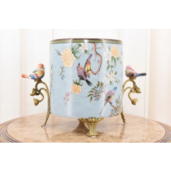 Niebieska Porcelanowa Misa - Waza Owocnik - Ptaki Kwiaty - Porcelana + Brąz