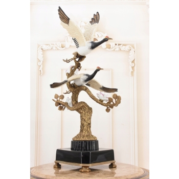 Dwa Żurawie w Locie - Ptaki Kwiaty - Figura Porcelanowa - Porcelana + Brąz