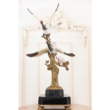Dwa Żurawie w Locie - Ptaki Kwiaty - Figura Porcelanowa - Porcelana + Brąz