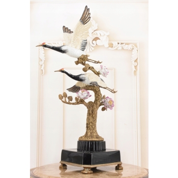 Dwa Żurawie w Locie - Ptaki Kwiaty - Figura Porcelanowa - Porcelana + Brąz