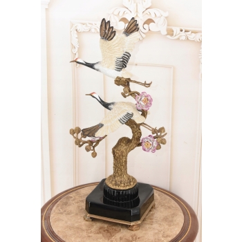 Dwa Żurawie w Locie - Ptaki Kwiaty - Figura Porcelanowa - Porcelana + Brąz