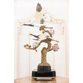 Dwa Żurawie w Locie - Ptaki Kwiaty - Figura Porcelanowa - Porcelana + Brąz